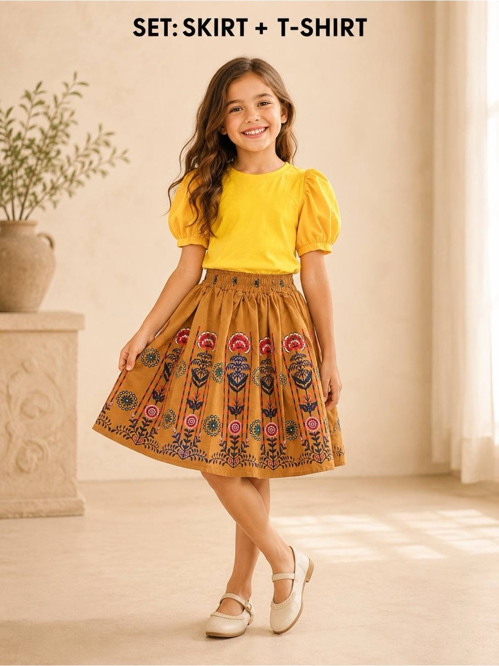A Loves A Girls Kids 2pc Set Puff Sleeve Top Floral Skirt Yellow Tan S NWT